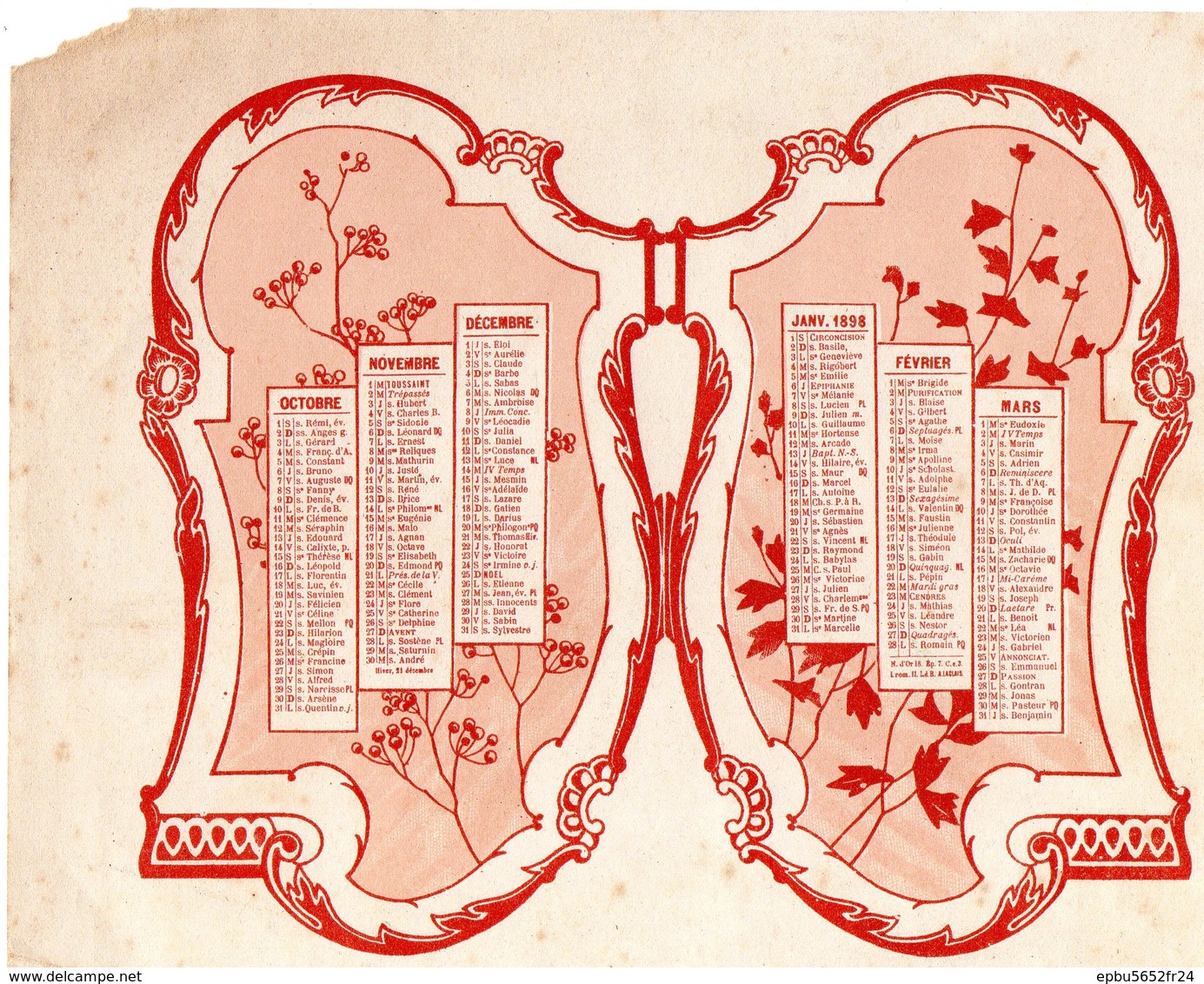 Calendrier (18,5X14,1) 1898  Journal Des Demoiselles  14 Rue Drouot  Paris - Grossformat : ...-1900