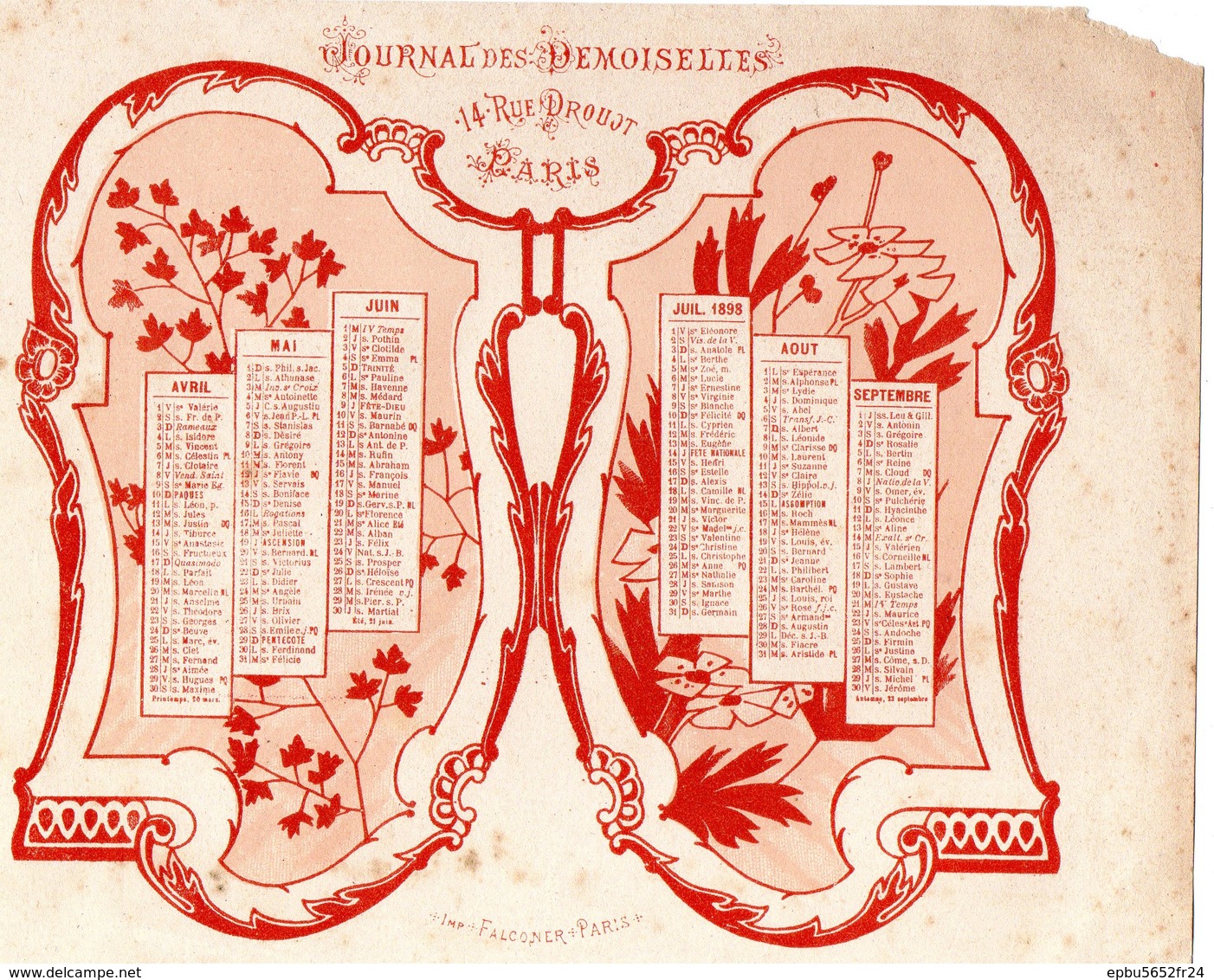 Calendrier (18,5X14,1) 1898  Journal Des Demoiselles  14 Rue Drouot  Paris - Groot Formaat: ...-1900