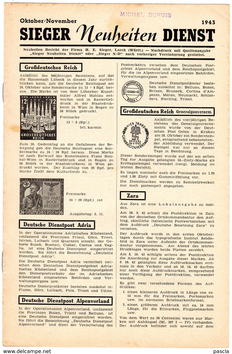 SIEGER - Neuheiten - DIENST - Octobre 1943 -  Période Guerre - Autres & Non Classés