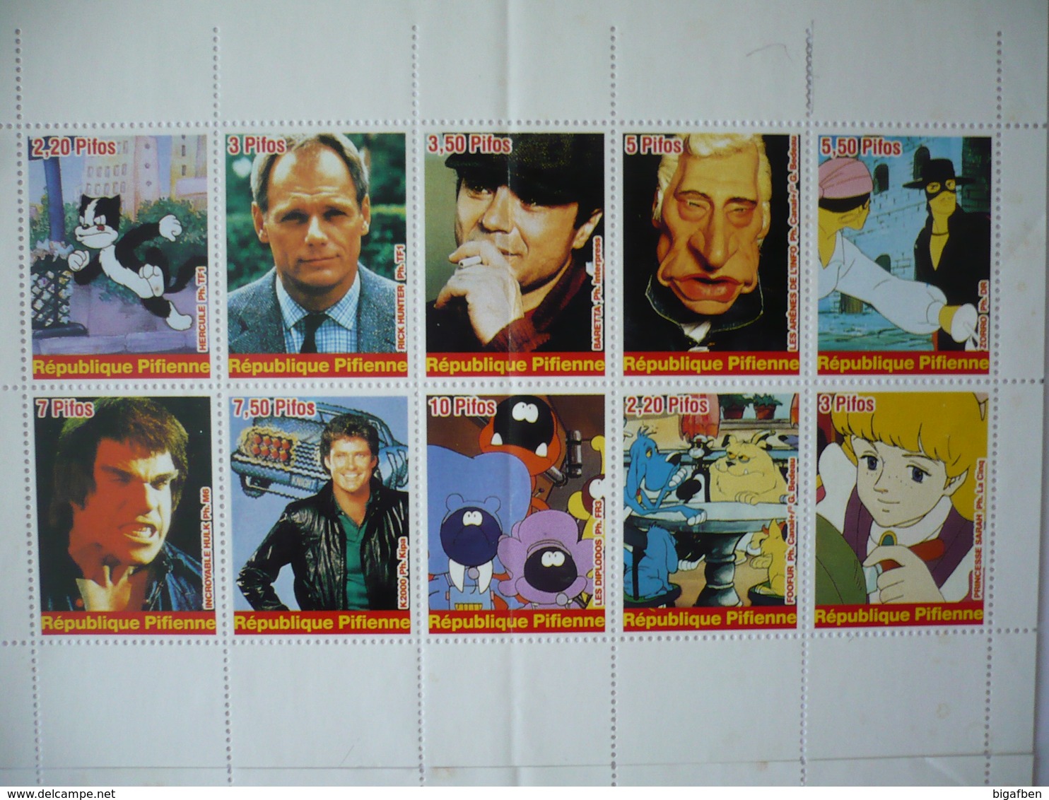 Lot 3 Planches Faux Timbres PIF  République Pifienne / Séries TV Années 80 / Starsky Et Hutch, Olive Et Tom, Etc.. - Autres & Non Classés