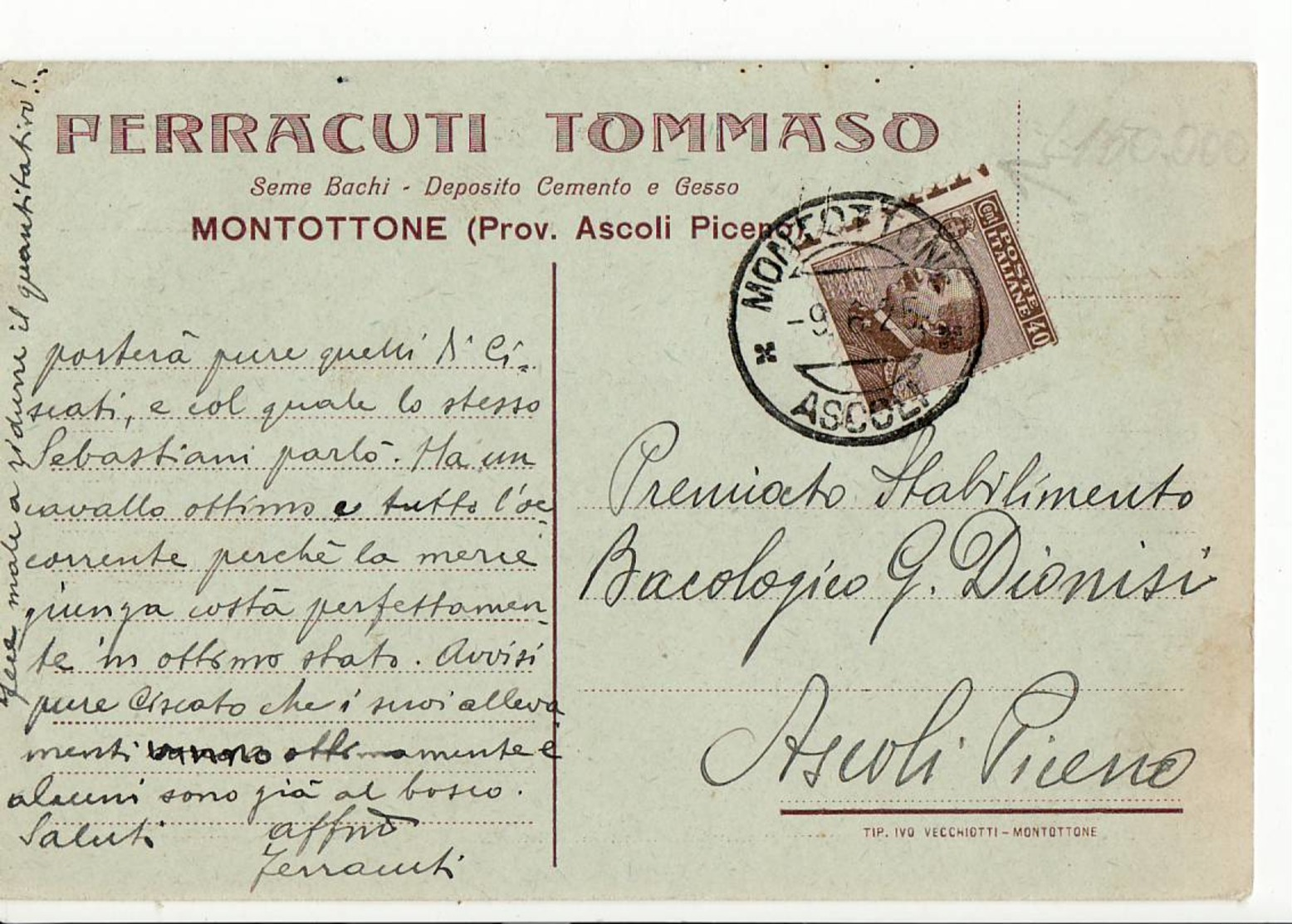 3610 ASCOLI PICENO MONTATTONE FERRACUTI SEME BACHI - Storia Postale