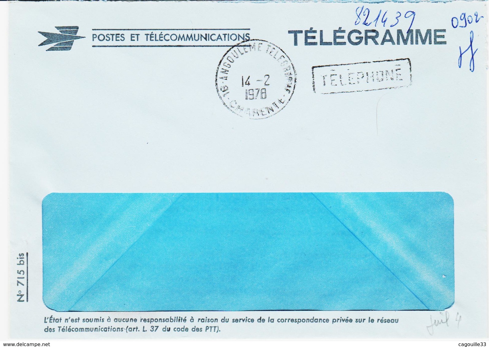 France, D'Angoulème Télégraphe En 1978 Enveloppe Pour Télégramme TB - 1961-....