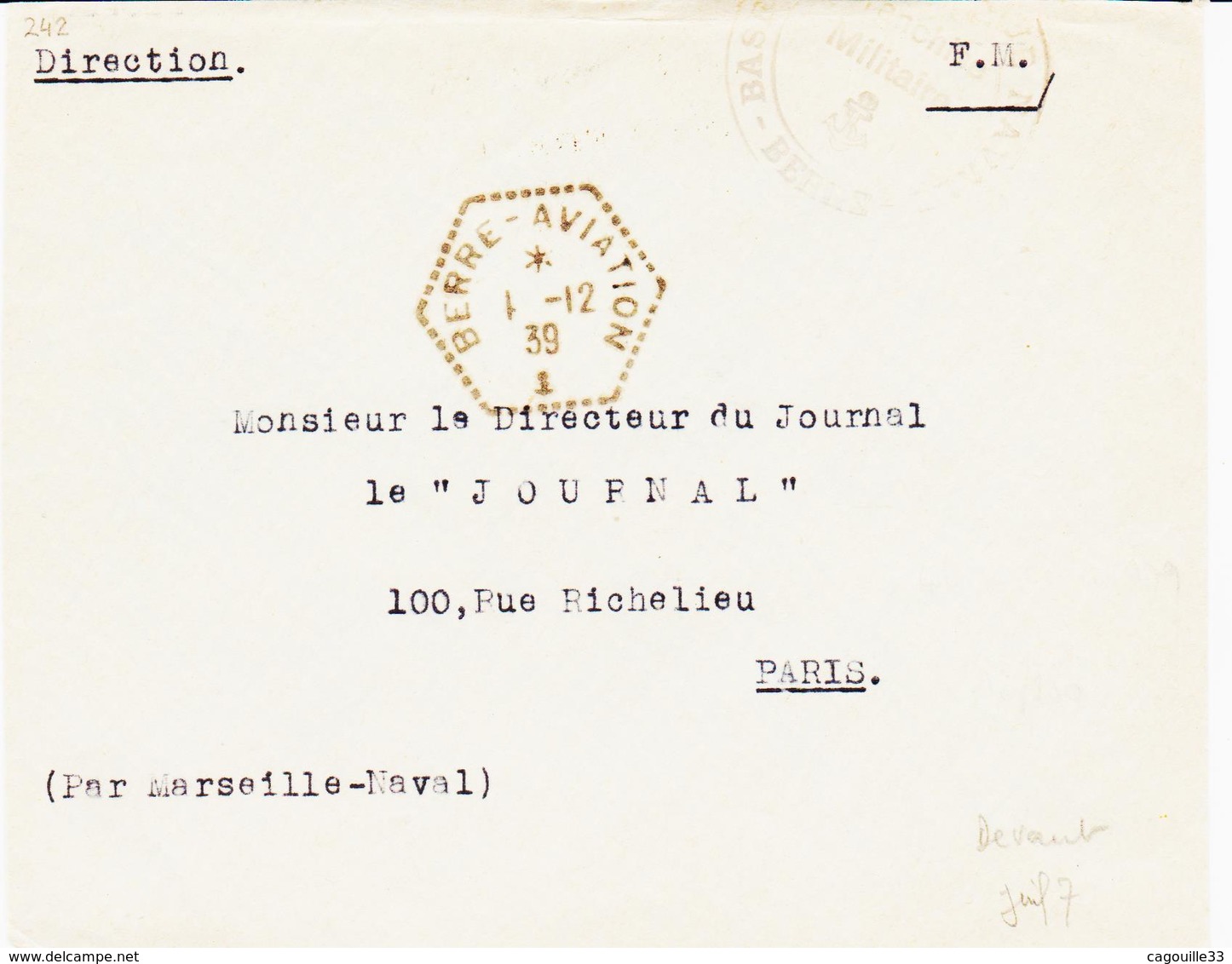France, De Berre-Aviation En 1939 Sur Devant  TB - Poste Aérienne Militaire