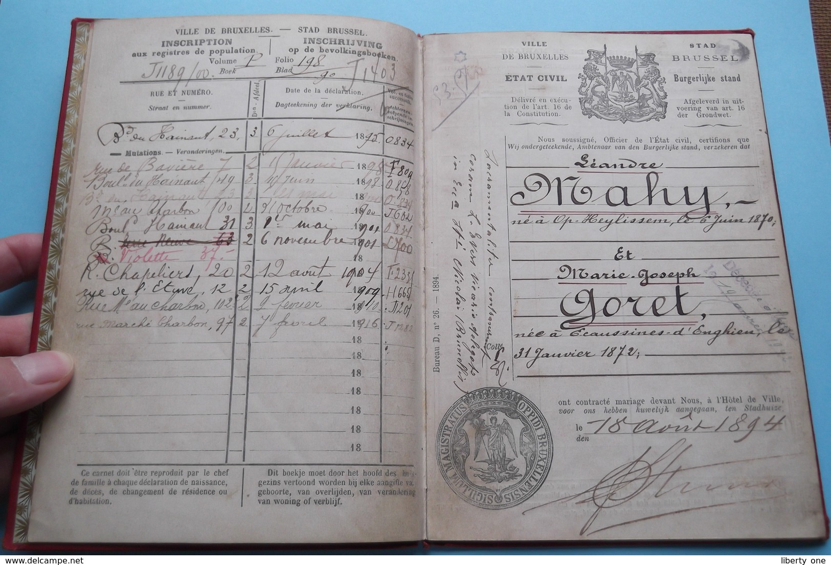 Carnet De MARIAGE Ville De Bruxelles 1894 ( Belgique ) Léandre MAHY 1870 & Marie GORET 1872 ( Zie Foto's Details ) - Unclassified