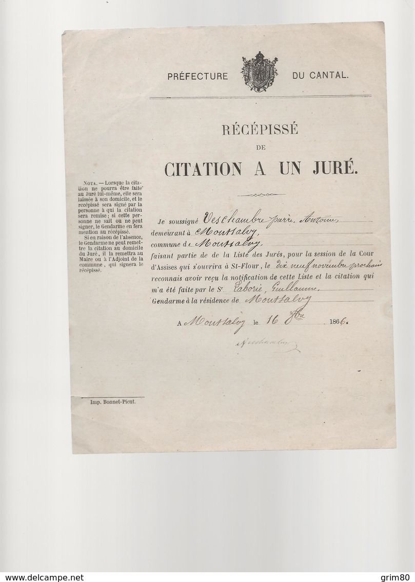 FEUILLE   PREFECTURE   DU CANTAL    RECEPISSE   DE  CITATION  A UN JURE - Unclassified