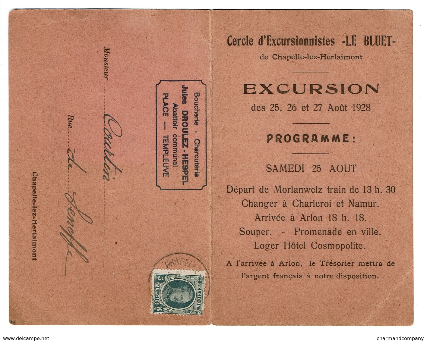 Carte D'excursionnistes Le Bluet - Chapelle-lez-Herlaimont - 1928 - Boucherie Jules Droulez-Hespel Templeuve - 3 Scans - Chapelle-lez-Herlaimont