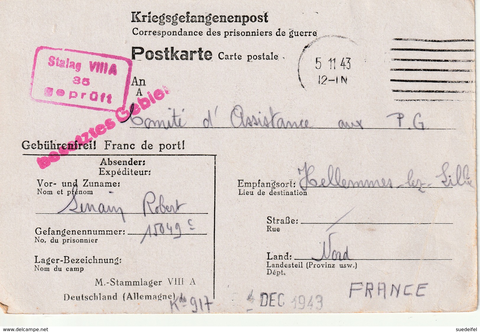 Correspondance Adresse Par Prisonier De Guerre Au Stalag VIII A, Görliz Par Hellemmes-Lille - WW II