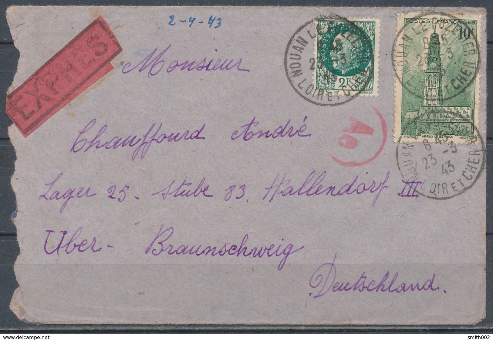 FRANCE - 23.3.1943, Expres Cover NOUAN - Lager HALLENDORF, Censored - 1921-1960: Modern Period