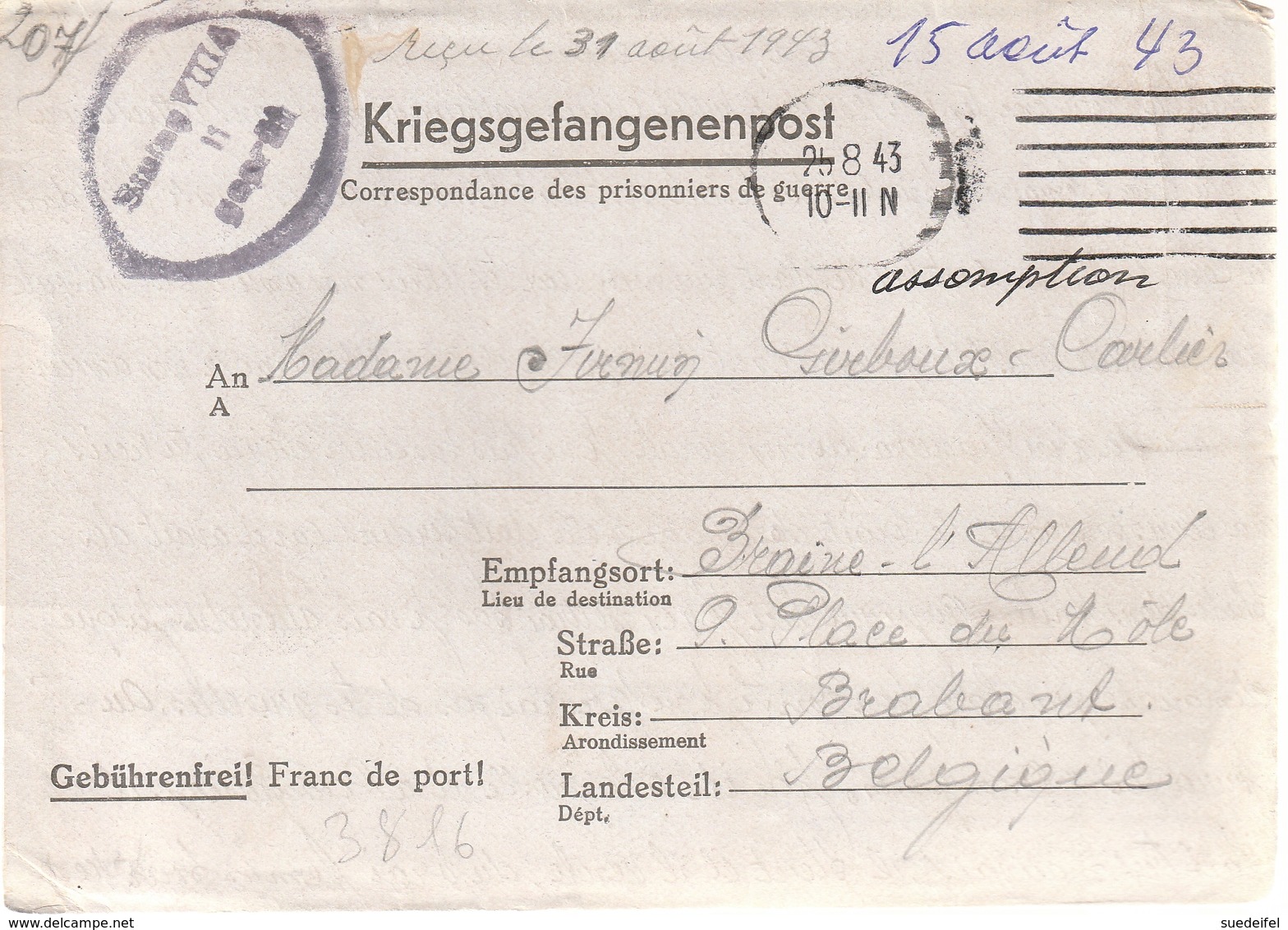 Correspondance Adresse Par Prisonier De Guerre Au Stalag VIII A, Görliz Par Province Braband - Guerre De 1939-45