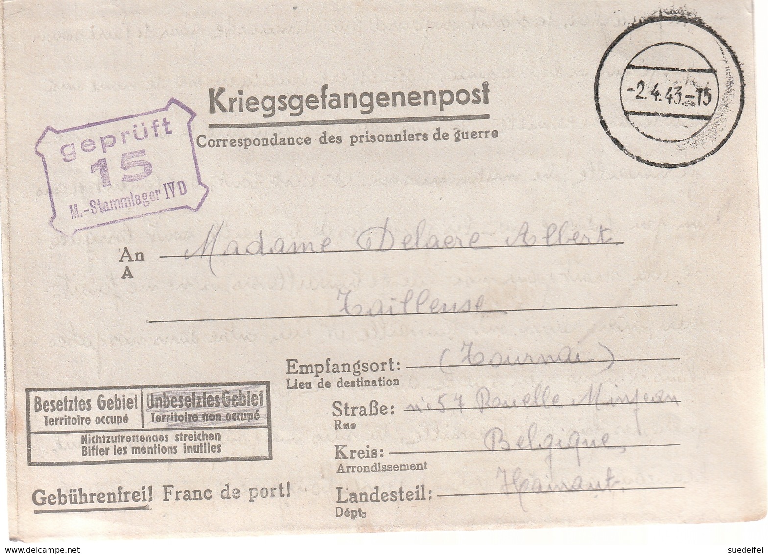 Correspondance Adressee Par Prisonier De Guerre De Stalag V D Par Province Hainaut - Guerre De 1939-45