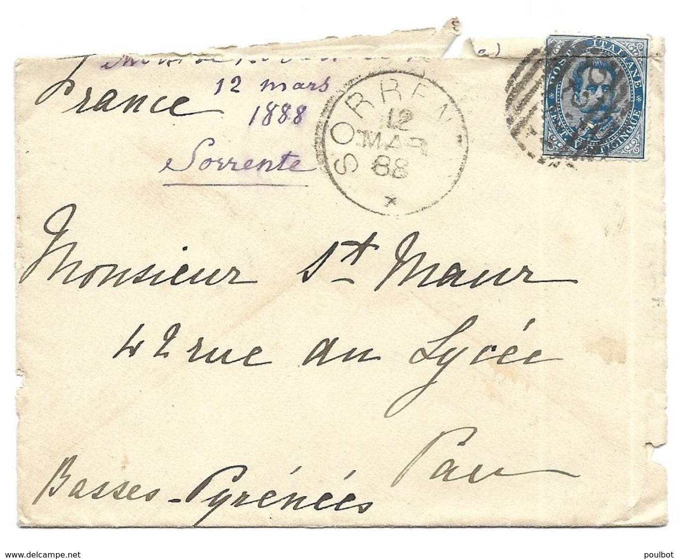 ITALIE Enveloppe Oblitération Sorrente 12 4 1888 - Marcophilie