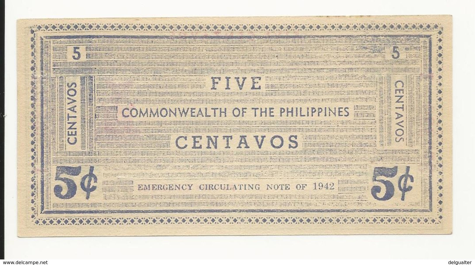 Philippines Emergency Note 5 Centavos 1942 UNC But Have A Small Cut Bottom Center - Philippines