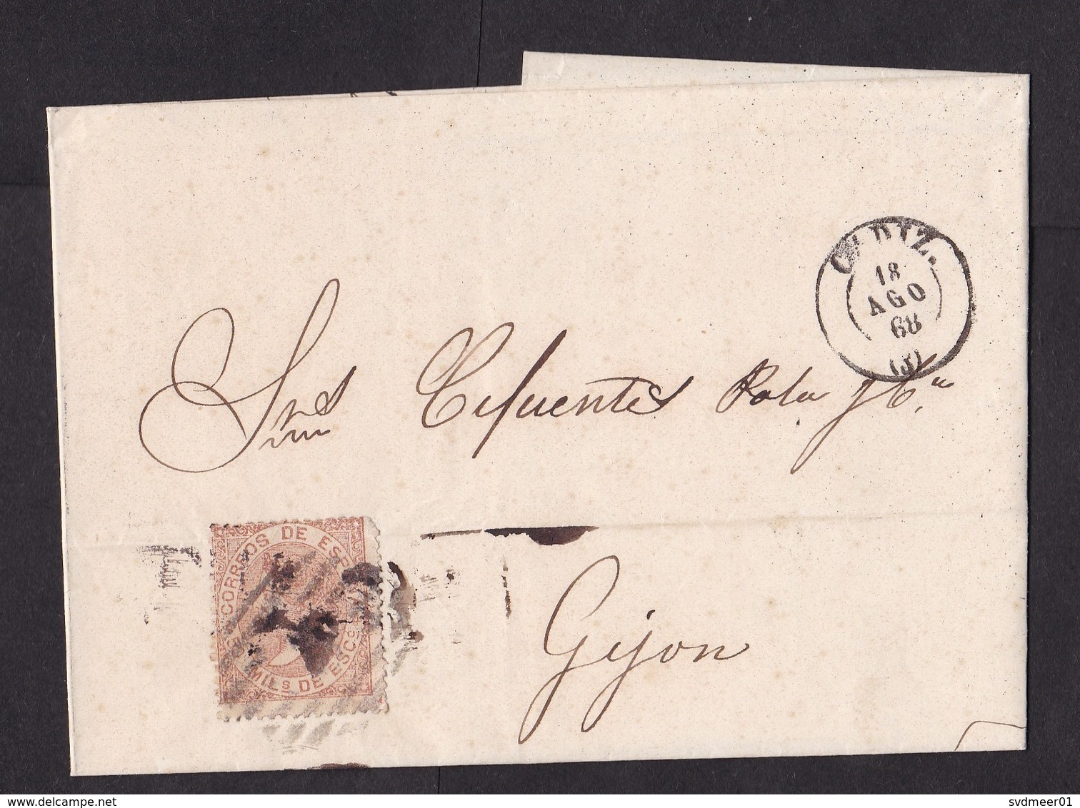 Spain: Folded Letter Cadiz To Gijon, 1868, 1 Stamp, Queen (minor Damage: Fold, See Scan) - Brieven En Documenten