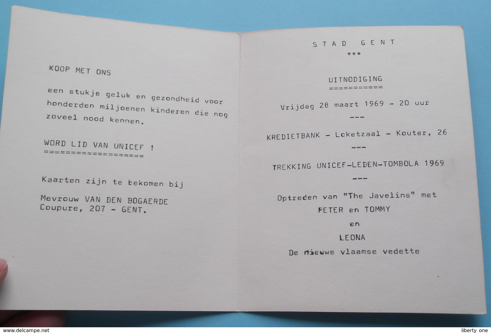 Word LID Van UNICEF ! Stad GENT > Uitnodiging 28 Maart 1969 Trekking TOMBOLA Met " The Javelins " Peter, Tommy & Leona ! - Autres & Non Classés