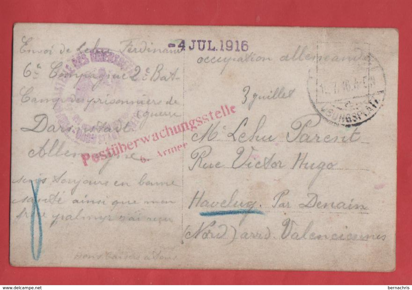 CP Camp De Prisonniers De Darmstadt En Allemagne Cachet Militaire - 1914-18