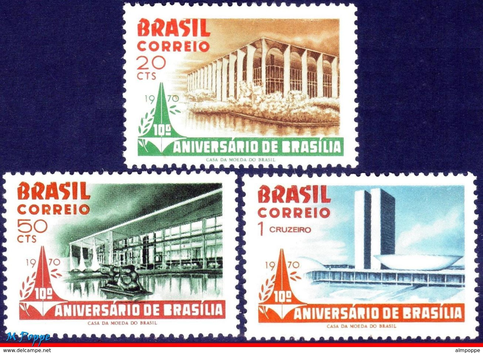 Ref. BR-1157-59 BRAZIL 1970 CITIES, BRASILIA, 10TH ANNIV.,, ARCHITECTURE, MI# 1251-53, SET MNH 3V Sc# 1157-1159 - Nuovi