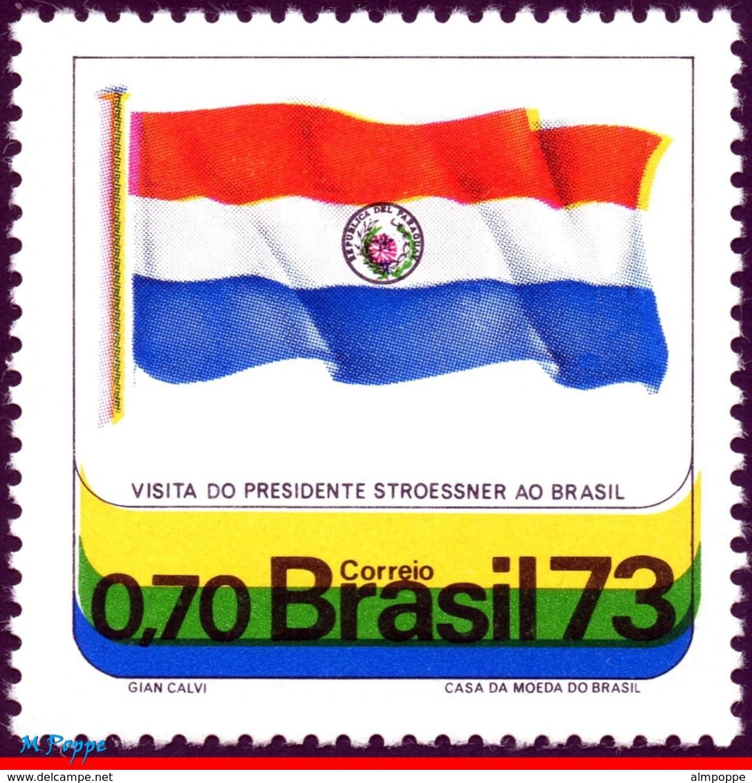 Ref. BR-1280 BRAZIL 1973 FLAGS, VISIT OF PRES. ALFREDO, STROESSNER OF PARAGUAY, MI# 1362, MNH 1V Sc# 1280 - Neufs