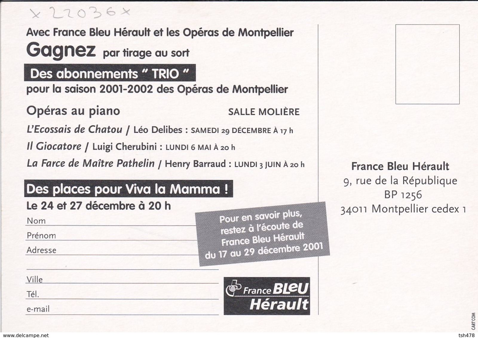 CARTE'COM----OPERAS De MONTPELLIER--viva La Mamma !--2001-2002--voir 2 Scans - Opéra