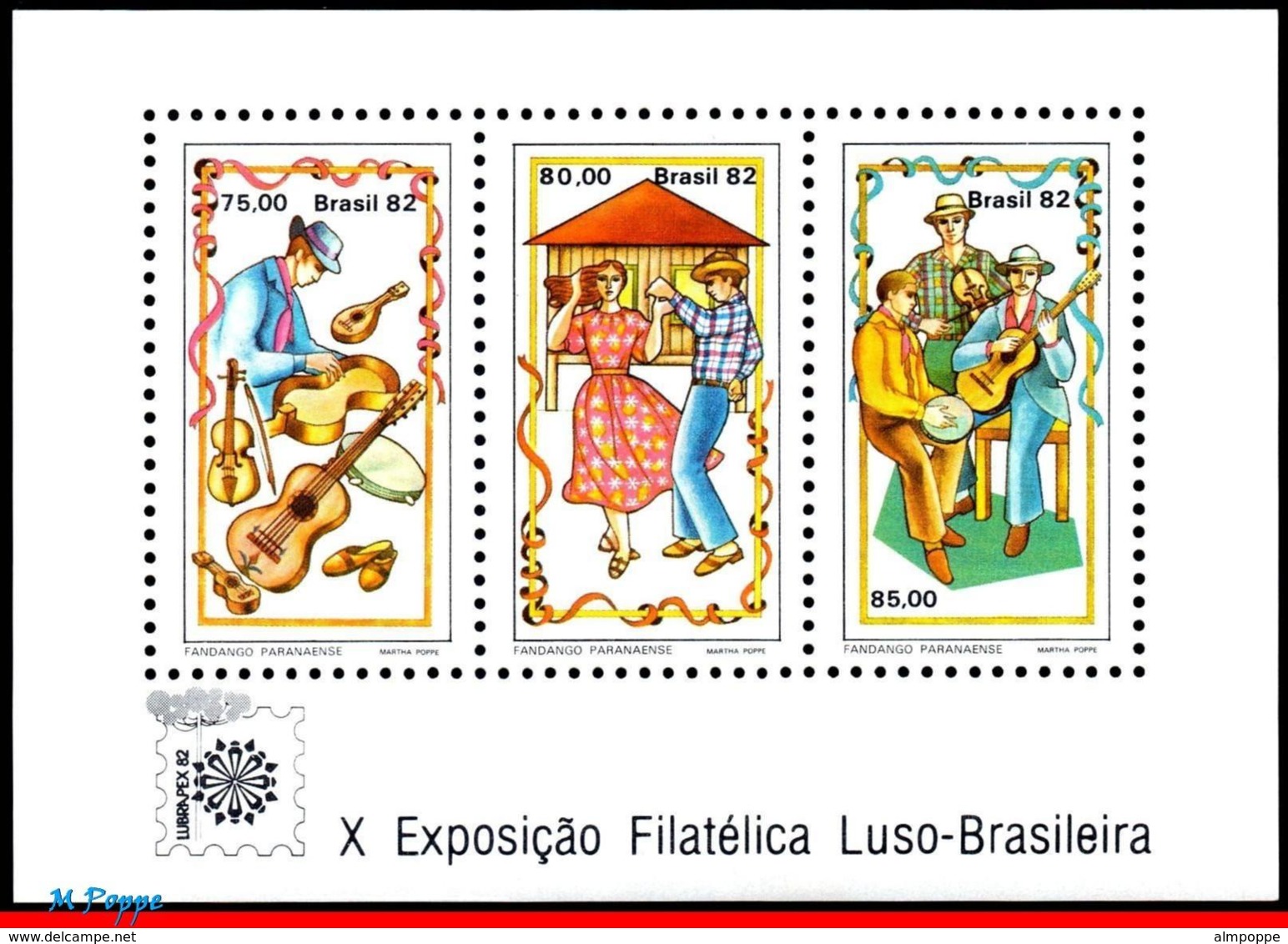 Ref. BR-1822A BRAZIL 1982 MUSIC, LUBRAPEX 82, PHILATELIC, EXHIBITION, DANCE, S/S MNH 3V Sc# 1822A - Neufs
