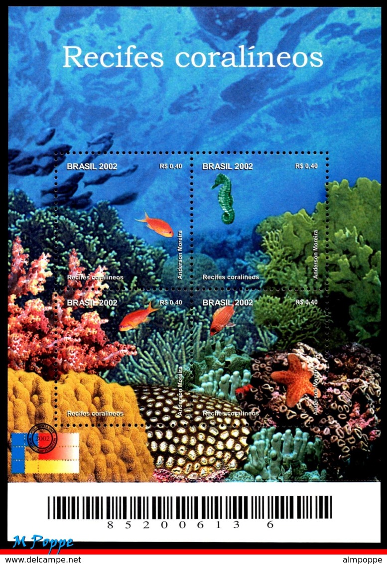 Ref. BR-2846 BRAZIL 2002 FISH, CORAL REEFS, SEAHORSE,, STARFISH, MI# B118, S/S MNH 4V Sc# 2846 - Fische