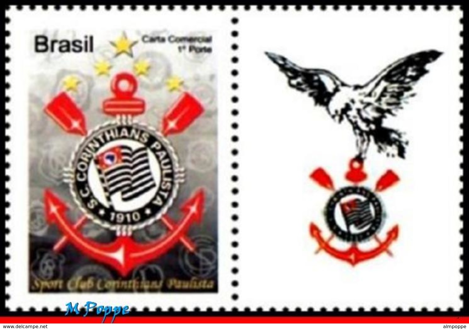 Ref. BR-3145-3 BRAZIL 2010 FOOTBALL-SOCCER, CORINTHIANS,FAMOUS CLUBS,, 'GAVI�ES', PERSONALIZED MNH 1V Sc# 3145 - Unused Stamps