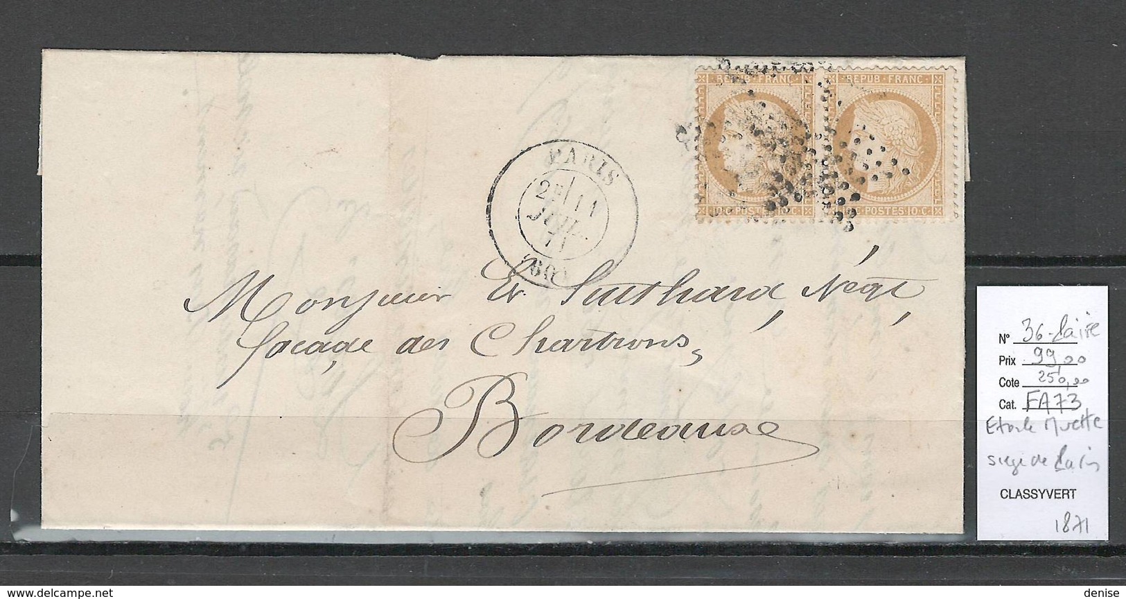 France - Lettre -Etoile Muette De Paris + Paire Du Yvert 36 - Emission Du Siége -1871 - 1849-1876: Classic Period