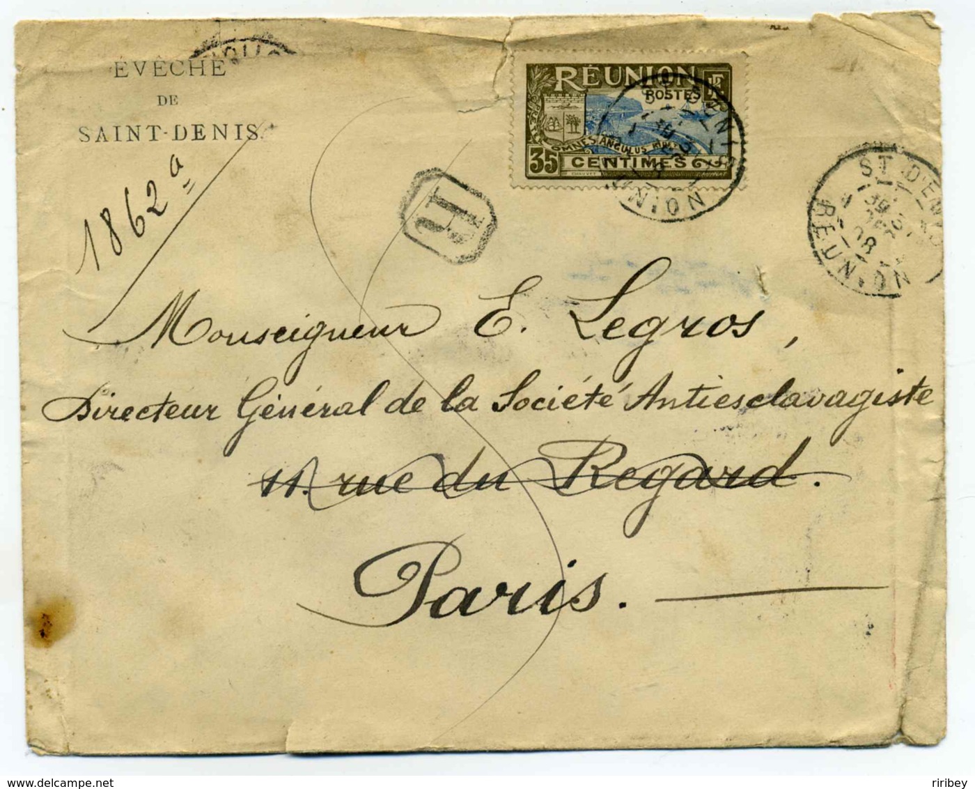 Lettre Recommandée  SAINT DENIS / REUNION  - De L'évêché De St Denis Pour Paris / 1908 / Nombreux Cachets Au Verso - Covers & Documents