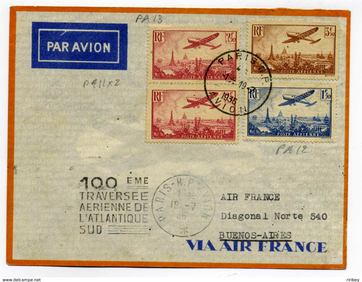 PA YT N°9,11,13 Sur Lettre De PARIS Pour BUENOS AIRES / 100ème Traversée Aérienne De L'Atlantique Sud / 1936 - 1927-1959 Cartas & Documentos