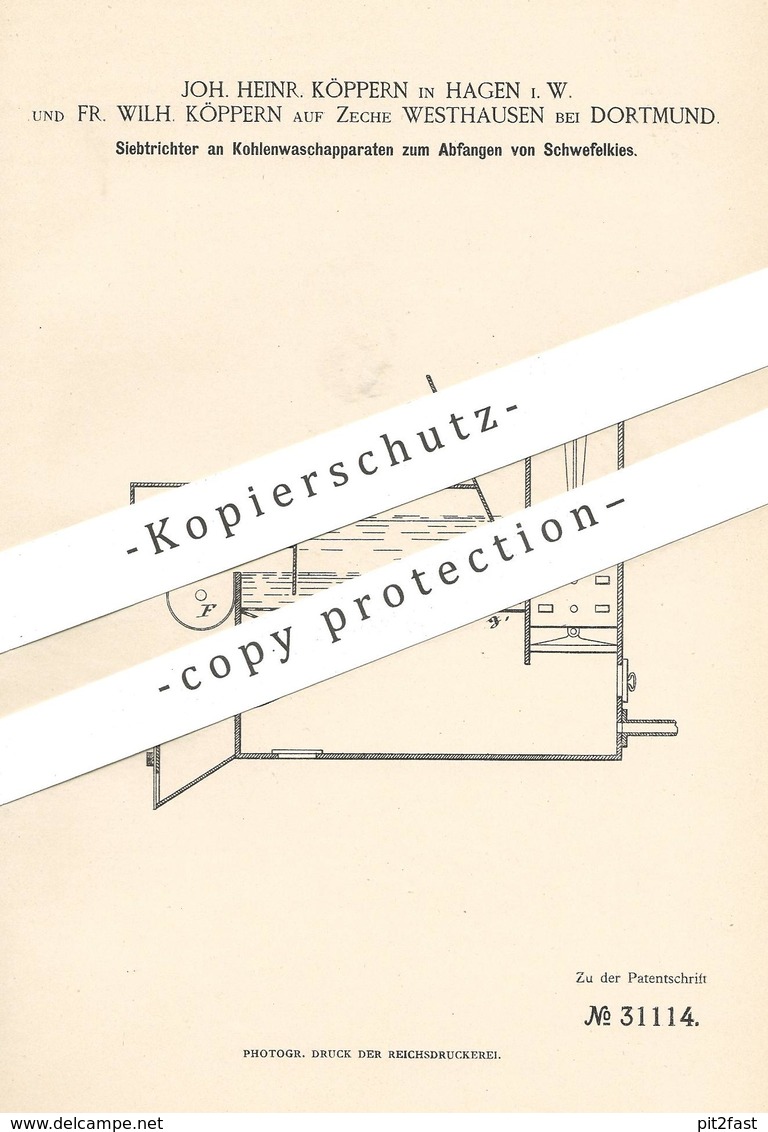 Original Patent - Joh. Heinr. Köppern , Hagen | Fr. Wilh. Köppern Auf Zeche Westhausen / Dortmund | Siebtrichter | Kohle - Historische Dokumente