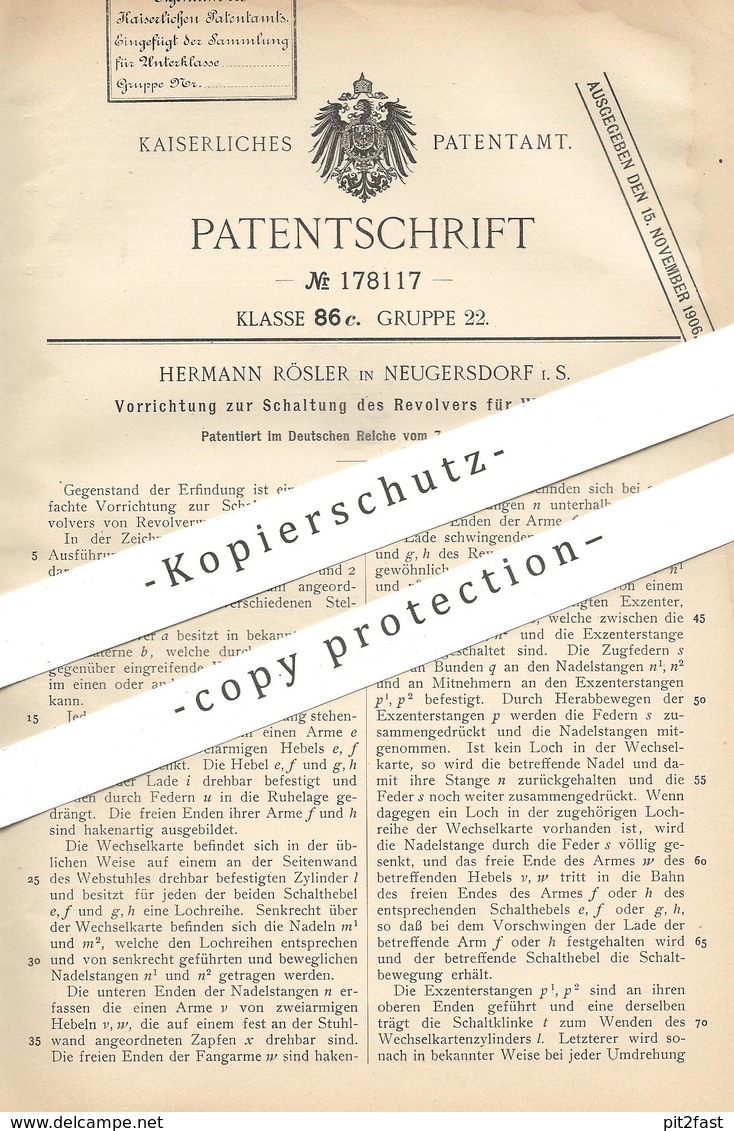 Original Patent - Hermann Rösler , Neugersdorf / Bautzen | 1905 | Schaltung Von Revolver Am Webstuhl | Weben , Weber !! - Historische Dokumente