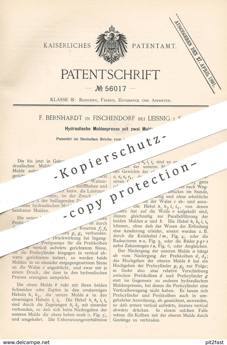 Original Patent - F. Bernhardt , Fischendorf / Leisnig , 1888 , Hydraulische Muldenpresse | Presse , Hydraulik , Mulde - Historische Dokumente