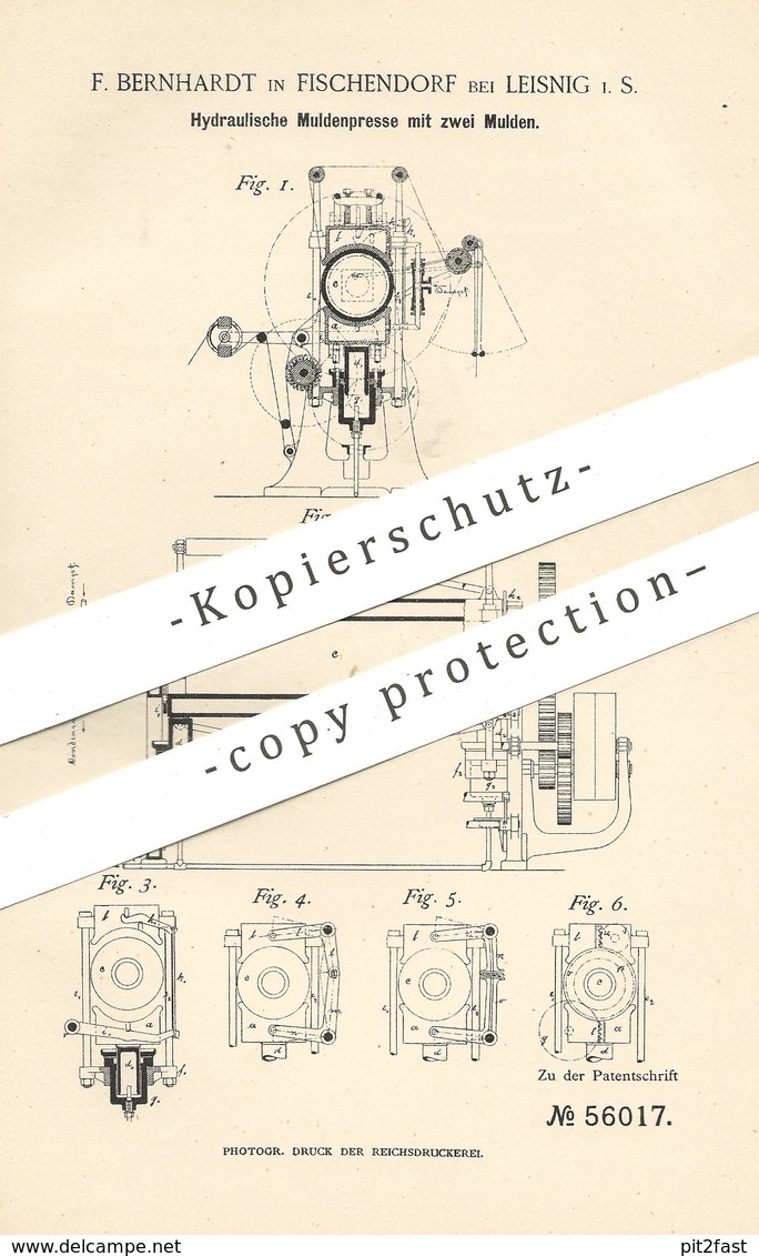 Original Patent - F. Bernhardt , Fischendorf / Leisnig , 1888 , Hydraulische Muldenpresse | Presse , Hydraulik , Mulde - Historische Dokumente