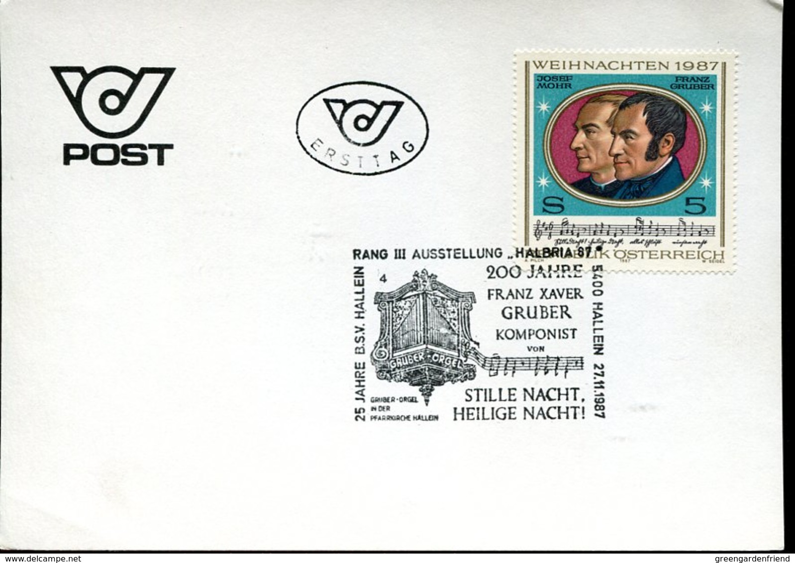 46290 Austria, Special Postmark 1987 Stille Nacht Heilige Nacht,  Organ  Orgel, - Musica