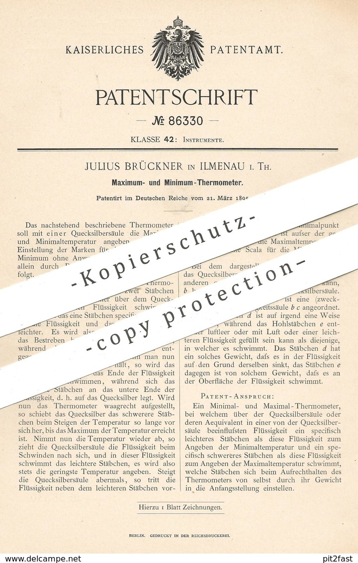 Original Patent - Julius Brückner , Ilmenau / Thüringen , 1895 , Thermometer | Quecksilber , Temperatur !!! - Historische Dokumente