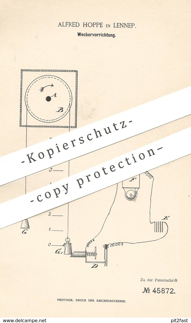 Original Patent - Alfred Hoppe , Lennep / Remscheid | 1888 | Wecker | Uhrwerk , Uhr , Uhren | Uhrmacher !!! - Historical Documents