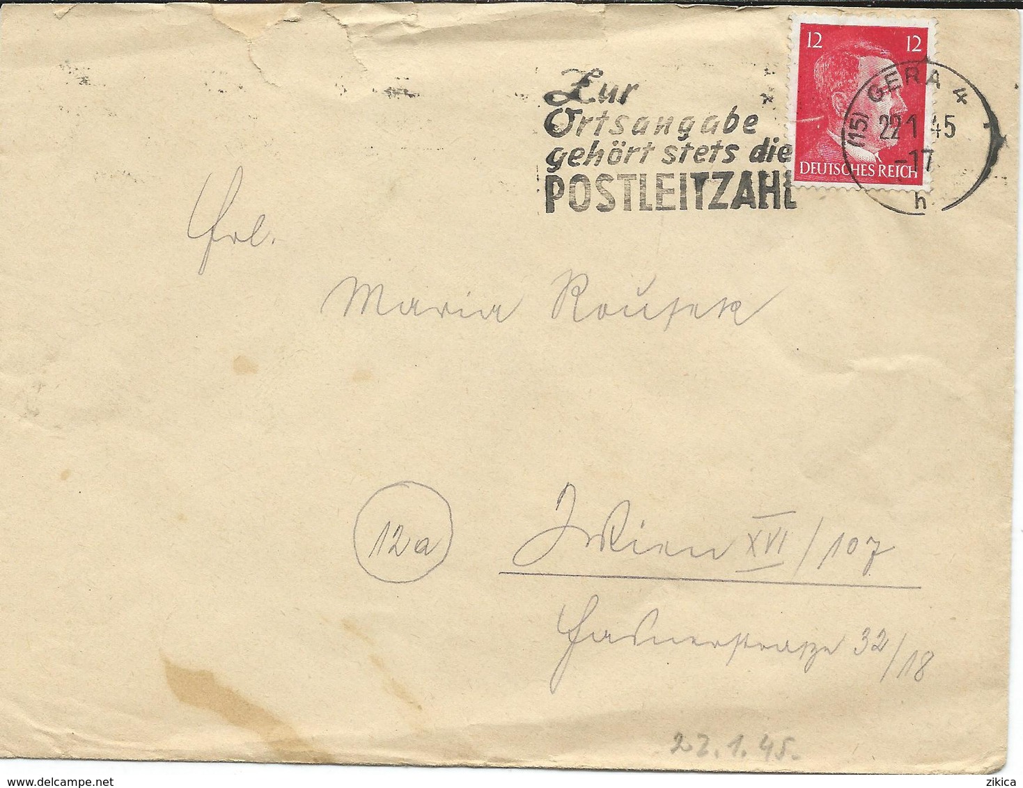 22.01.1945 , (15) Gera , PLZ Stempel, , Brief - Covers & Documents