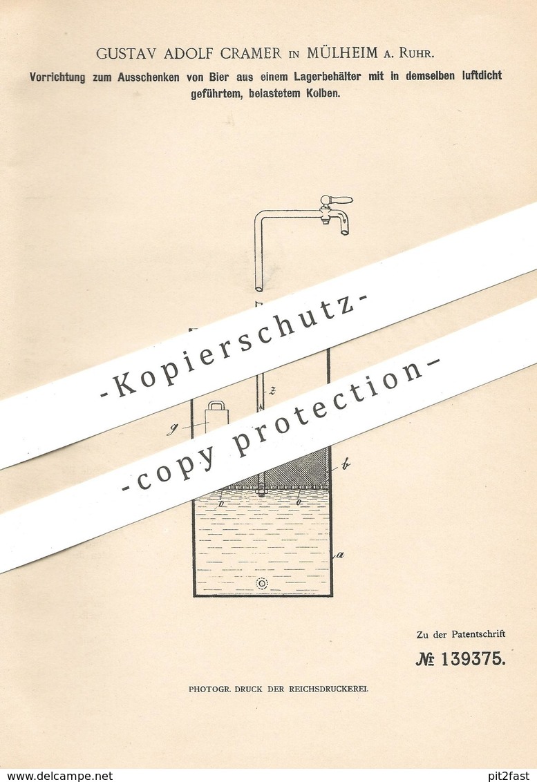Original Patent - Gustav Adolf Cramer , Mülheim / Ruhr , 1901 , Bier - Zapfanlage | Ausschank , Bierfass !!! - Historische Dokumente