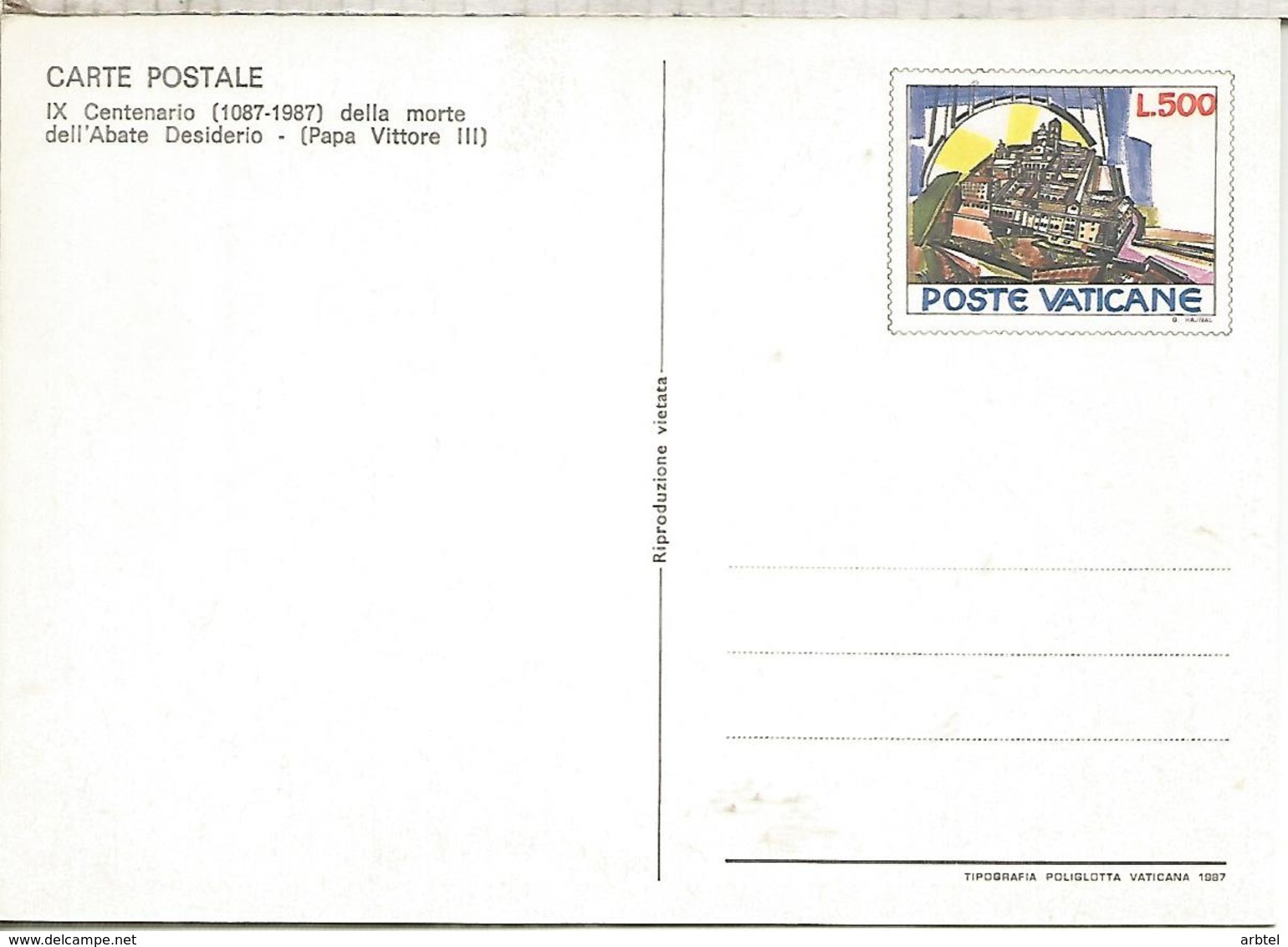 VATICANO ENTERO POSTAL IX CENTENARIO ABAD DESIDERIO - Enteros Postales