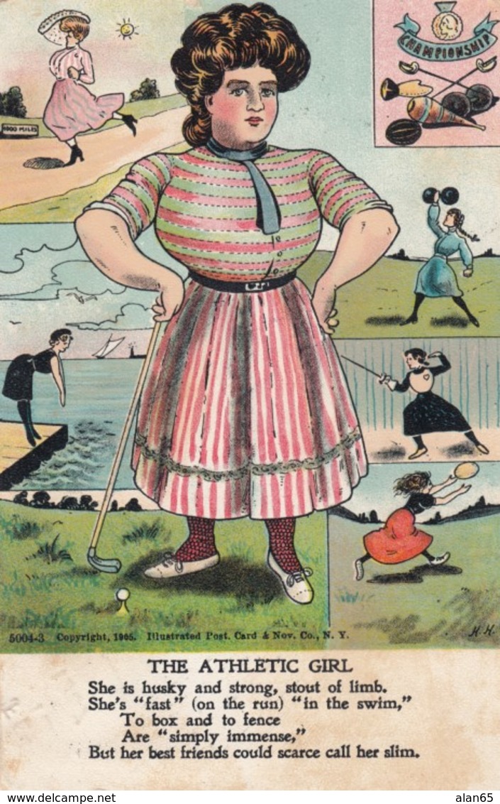 'The Athletic Girl' Limerick, Fencing Golf Weight Lifting, Running, Football, C1900s Vintage Postcard - Other & Unclassified