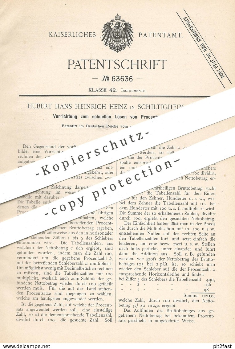 Original Patent - Hubert Hans Heinrich Heinz , Schiltigheim / Elsass , 1891 , Lösen Von Prozentrechnung | Mathematik !!! - Historische Dokumente