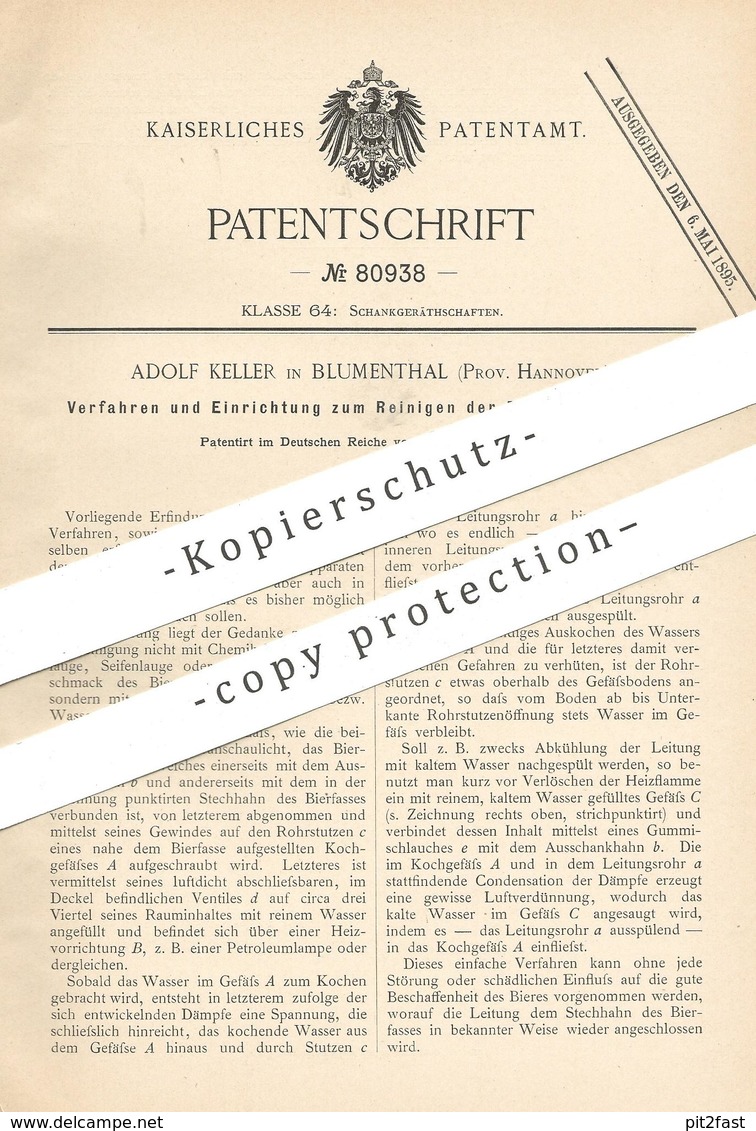 Original Patent - Adolf Keller , Blumenthal / Hannover 1894 , Reinigen D. Bierleitung | Zapfanlage | Bier  Wasserleitung - Historische Dokumente