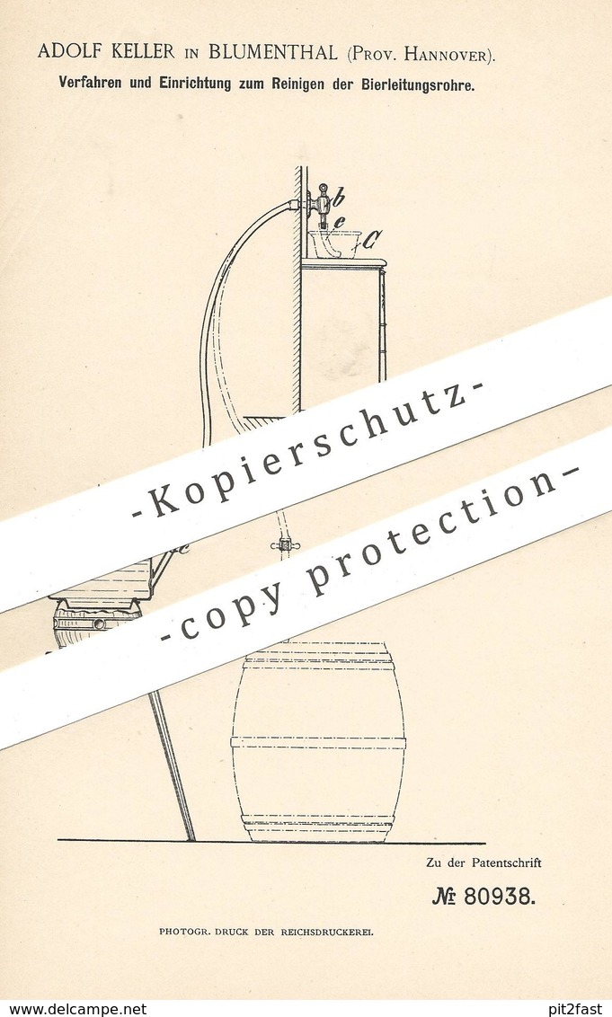 Original Patent - Adolf Keller , Blumenthal / Hannover 1894 , Reinigen D. Bierleitung | Zapfanlage | Bier  Wasserleitung - Historische Dokumente