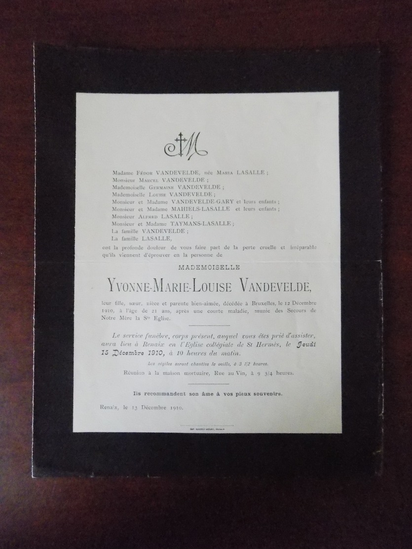 Faire Part De Décès Mlle Yvonne-Marie-Louise Vandevelde 1910 Renaix - Avvisi Di Necrologio