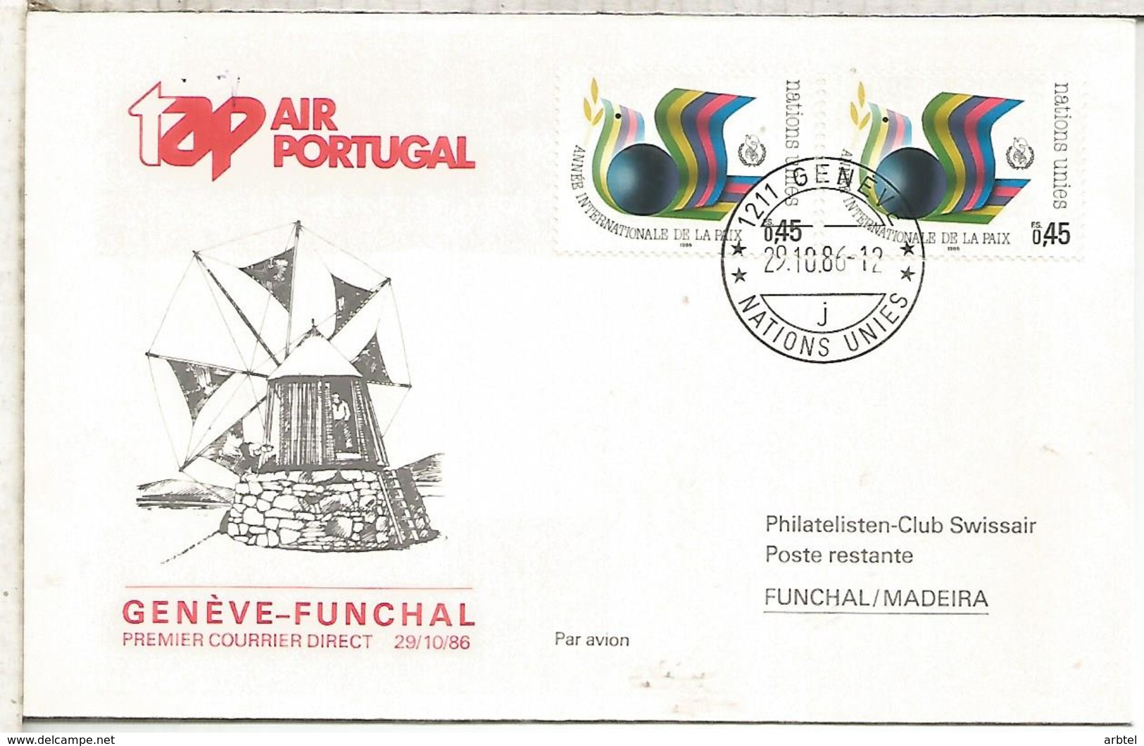 NACIONES UNIDAS ONU PRIMER VUELO TAP AIR PORTUGAL GENEVE FUNCHAL 1986 - Cartas & Documentos