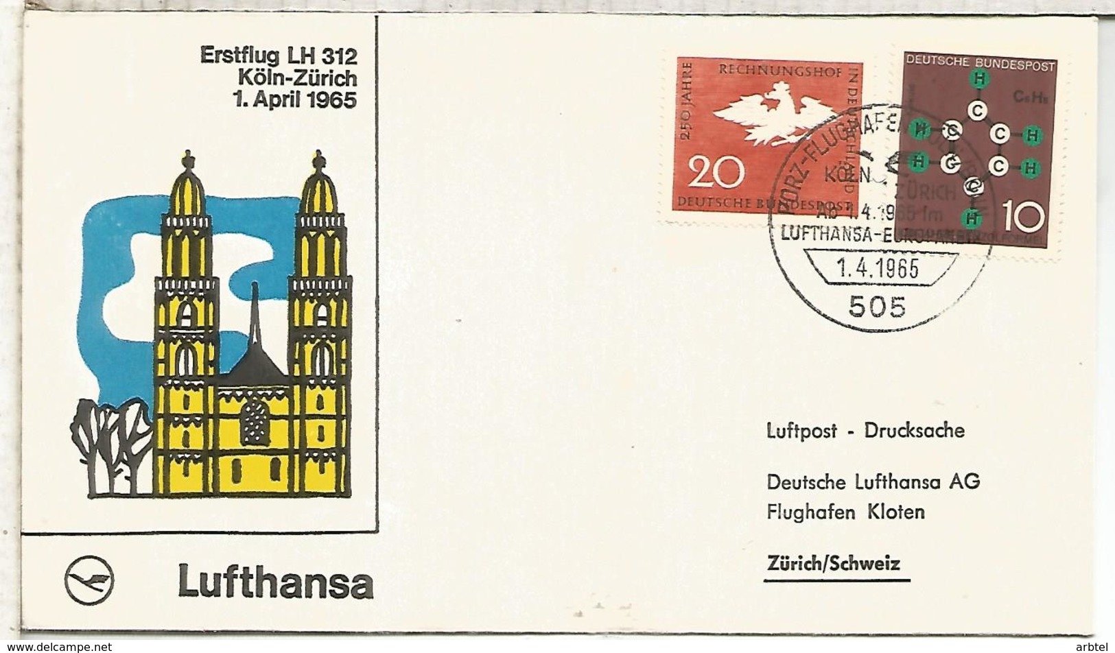 ALEMANIA PRIMER VUELO LUFTHANSA KOLN ZURICH 1965 - Cartas & Documentos