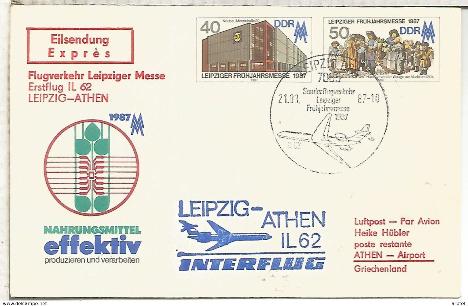 ALEMANIA DDR PRIMER VUELO INTERFLUG LEIPZIG ATHEN 1987 - Cartas & Documentos