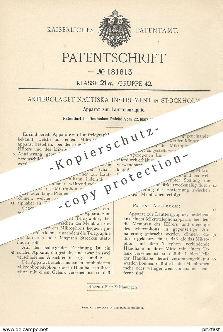 Original Patent - Aktiebolaget Nautiska Instrument , Stockholm , Schweden  1906 , Lauttelegraphie | Telegraphy , Telefon - Historische Dokumente