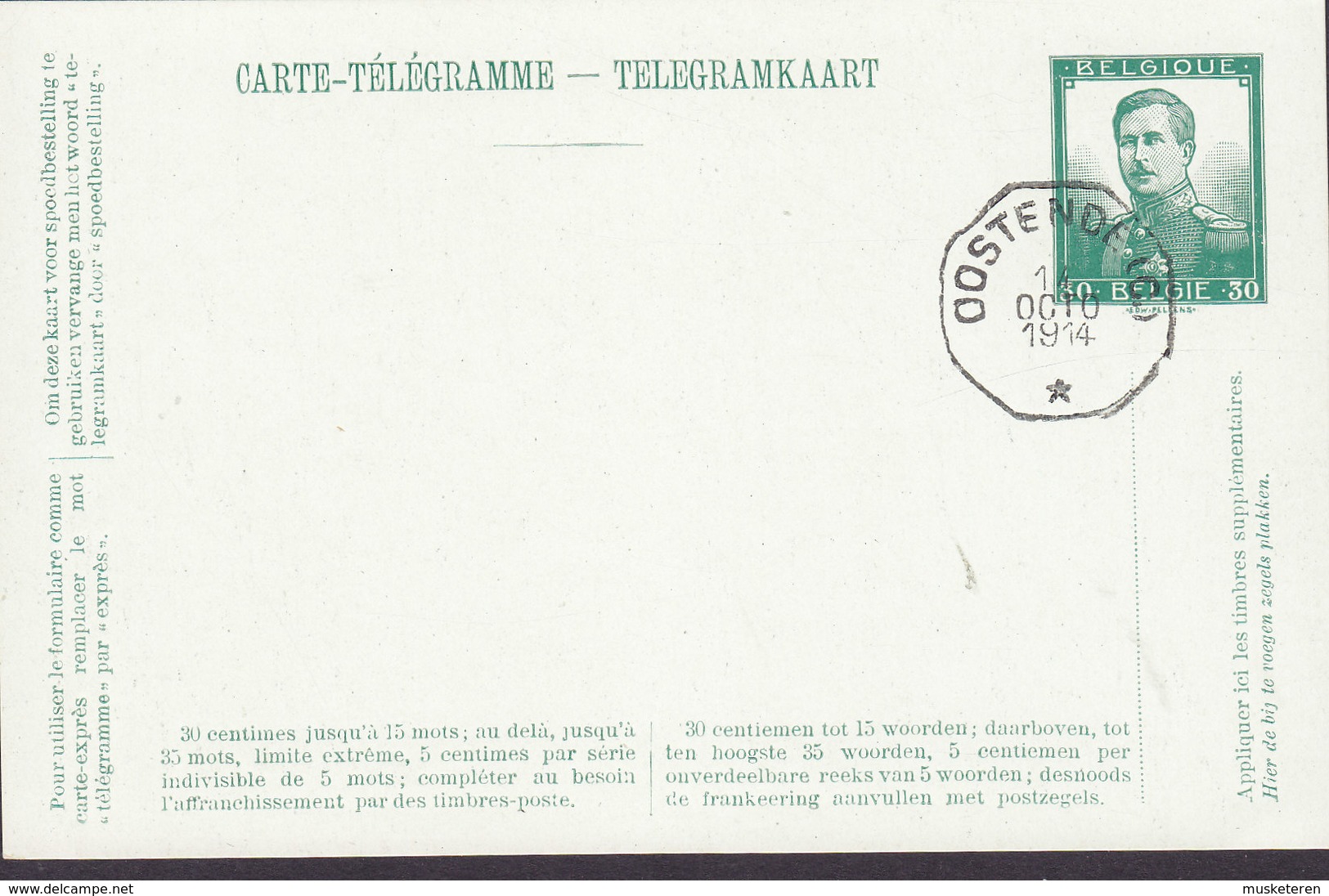 Belgium Postal Stationery Ganzsache Entier 30c. Albert I. Carte-Télégramme OOSTENDE 1914 Blanco Card - Postkarten 1909-1934