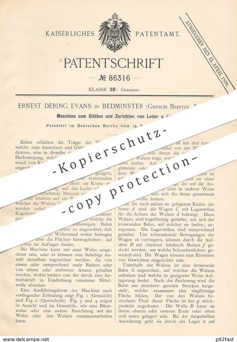 Original Patent - Ernest Dering Evans , Bedminster , Bristol , England , 1895 , Glätten & Zurichten Von Leder | Gerber ! - Historische Dokumente