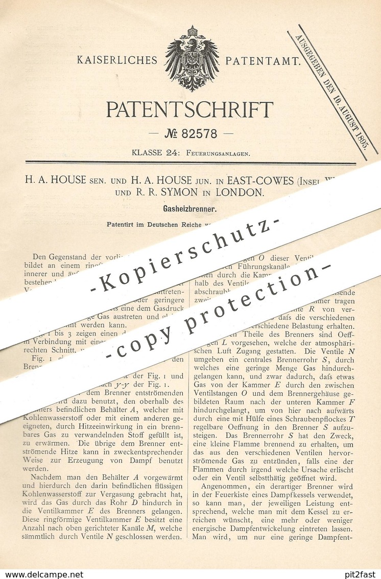 Original Patent - H. A. House , East Cowes , Insel Wight | R. R. Symon , London England | Gasheizbrenner | Gas Brenner - Historische Dokumente